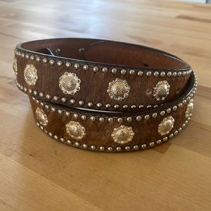 100% leather brindle cowhide belt with silver concho’s